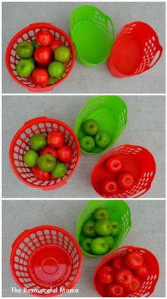 four pictures show the different stages of apples in red and green plastic baskets with lids