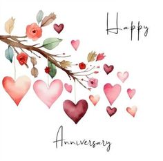 an anniversary card with hearts hanging from a branch