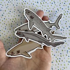 two stickers in the palm of someone's hand, one with a shark and another with a fish on it