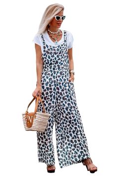 White Wide Leg Leopard Print Jumpsuit Overalls Spring Leopard Print Jumpsuits And Rompers, Chic Sleeveless Leopard Print Jumpsuit, Sleeveless Leopard Print Jumpsuit For Summer, Sleeveless Leopard Print Jumpsuits And Rompers For Summer, Casual Printed Jumpsuit For Vacation, Casual Printed Jumpsuits And Rompers For Day Out, Jumpsuit Overalls, Leopard Print Jumpsuit, Jumpsuit Chic