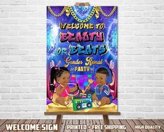 a welcome sign with two children on it