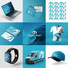 several different logos and business cards for the next waves, including a truck with a surfboard on it