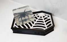 a black and white spider web soap dish