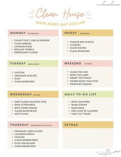 the clean house meal plan is shown in pink, yellow and green with text on it