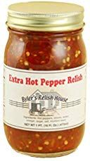 a jar of hot pepper relish on a white background