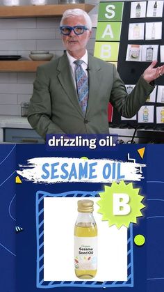 an old man in a suit and tie is talking about sesame oil