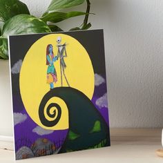 a painting of a skeleton holding hands with a girl on top of a hill in front of the moon art board print