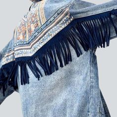 Unleash your inner free-spirit with our 2023 Spring-Summer Collection's Ornamented Fringe Denim Jacket for Ladies—a trendy-forward. hippie-inspired piece that's sure to make a statement!Why You'll Love This JacketExperience the perfect balance between quintessential sophistication and avant-garde style. Crafted with luxe denim and vintage-inspired embroidery. this jacket is a must-have for anyone who loves to express themselves through modern. Button-up closure and a raw hem add an edge to this Fringe Denim Jacket, Oversized Jean Jacket, Boho Denim, Lady M, Summer Soiree, Avant Garde Fashion, Denim Jacket Women, Jacket Pattern, Light Blue Color