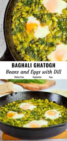 eggs and spinach in a skillet with text overlay that reads bachali ghattogh beans and eggs with dill