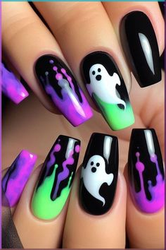 Neon Spooky Nails, Cool Halloween Nail Designs, Black And Neon Halloween Nails, Halloween Style Nails, Halloween Nail Aesthetic, Tropical Halloween Nails, Black Purple Green Nails, Orange And Green Nails Acrylic, Halloween Neon Nails