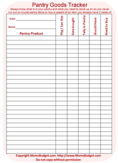 the printable pantry goods tracker sheet is shown in red and white, with an image of