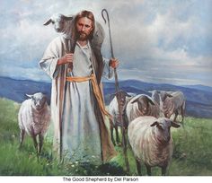 a painting of jesus holding a staff with sheep in the foreground and text that reads, i will save my flock, and they will no longer be plundered