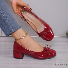 Lasaky - Red Bow Tie Chunky High Heel Pumps, Pointed Toe, Womens Shoes Grandma Shoes, Office Woman, Leather Shoes Women, Rough Heels, Womens Mary Janes, Mary Jane Shoes Womens, Womens Summer Shoes, Chunky High Heels, Pu Heels