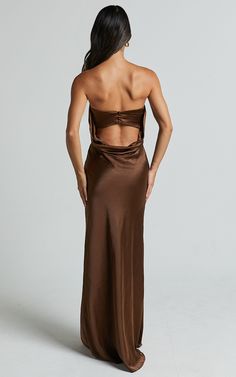 College Ball Dress, Fitted Satin Backless Dress For Gala, Formal Strapless Dress With Satin Finish, Prom Season Satin Party Dress With Back Opening, Glamorous Backless Satin Evening Dress, Strapless Satin Dress For Evening Party Season, Silk Backless Satin Dress For Prom, Backless Silk Satin Dress For Prom, Glamorous Strapless Backless Dress For Formal Occasions