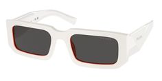 Brand new Prada PR06YS Sunglasses in White.Featuring a white acetate frame with dark grey lenses. Orange trim around lens.Silver metal Prada logos on temples.Size 53-21-145.100% authentic and unworn.Made in Italy.Box, case, cloth and paperwork included. Retail $520. Modern White Square Frame Sunglasses, Designer Optic White Sunglasses With Gradient Lenses, White Square Frame Sunglasses With Polarized Lenses, White Square Frame Sunglasses With Mirrored Lenses, Designer White Polarized Sunglasses, Designer White Sunglasses With Polarized Lenses, Luxury White Sunglasses With Uv Protection, Modern White Sunglasses With Uv Protection, Modern White Sunglasses With Tinted Lenses