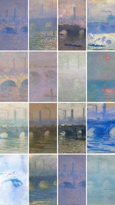 nine paintings of different types of water and buildings in the same color scheme, each with an image of a bridge