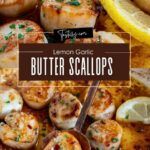 butter scallops with lemon wedges on the side and text overlay that reads lemon garlic butter scallops