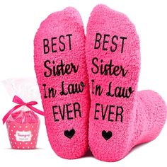 GIFTS FOR SISTER IN-LAW: Mother's Day is nearly upon us. Our unique gifts for sisters feature a fun message written in non-slip that reads "BEST SISTER IN LAW EVER". They make a best sister in law birthday gifts! SIZE & MATERIAL: These future sister in law gifts are made of plush coral fleece, providing comfort and warmth. Designed to fit women's shoe sizes 6-10. Our socks also feature black non-slip soles, ensuring your safety on wood and tile floors. CUPCAKE-THEMED PACKAGING: The items are not