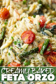 creamy baked feta orzo with tomatoes, asparagus and spinach on top