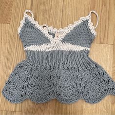 Beautiful, Soft Hand Knitted Top Never Worn. Runs Small White Crochet Knit Top, Gray Textured Knit Top, Casual Gray Knitting Pattern, Fitted Crochet Knit Top, Casual Summer Knitting Pattern, Gray Open Knit Tops, Knitted Tops In Yarn For Spring, Cozy Hand Knitted Knit Tops, Cozy Hand-knitted Knit Tops