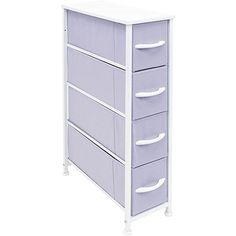 a white and purple dresser with drawers on it's sides, against a white background