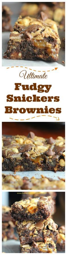 chocolate fudgey snickkers brownies are stacked on top of each other