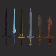 six different types of swords are shown in this image, one is blue and the other is brown