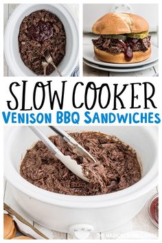 slow cooker venison bbq sandwiches in white bowls with text overlay