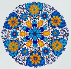 a blue, yellow and orange circular design on white paper