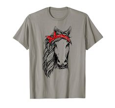 a gray t - shirt with a horse wearing a red bow on it's head