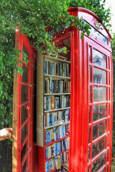 a red phone booth sitting next to a tree filled with books on top of a lush green field