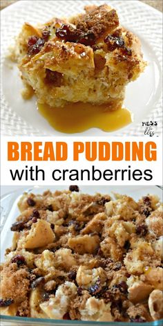 bread pudding with cranberries and raisins in it on a white plate