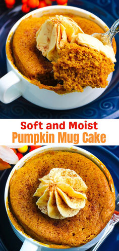 Pumpkin mug cake drizzled with cinnamon topped with frosting Pumpkin Spice Mug Cake Microwave, Pumpkin Microwave Recipes, Pumpkin Muffin In A Mug, Microwave Pumpkin Custard, Microwave Fall Desserts, Pumpkin Microwave Mug Cake, Low Calorie Pumpkin Mug Cake, Vegan Pumpkin Mug Cake, Pumpkin Mug Muffin