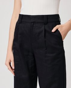 This high-rise wide-leg pleated trouser pant is designed with double belt loops, angled front pockets and back welt pockets. Crafted from cotton linen in black, this flattering silhouette can be paired with anything from a white blouse to the coordinating Adria Top for a chic matching moment. | Niguel Pant - Black | Size 10 Linen Wide Leg Pants With Belt Loops For Work, Summer Business Casual Wide Leg Pants With Belt Loops, High Waist Linen Wide Leg Pants For Business Casual, Business Casual High Waist Linen Wide Leg Pants, Black Linen Bottoms For Business Casual, Business Casual Black Linen Bottoms, Classic Summer Wide Leg Pants With Belt Loops, Classic Wide Leg Pants With Belt Loops For Summer, Double Belt