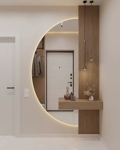 a bathroom with a mirror, sink and toilet next to a door in the wall