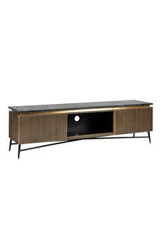 a black and gold tv stand with an entertainment center on it's sideboard