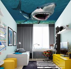 a bedroom with a shark ceiling mural on the ceiling