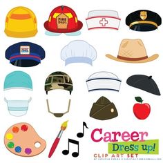 a group of hats that are sitting on top of a white surface with the words career dress up