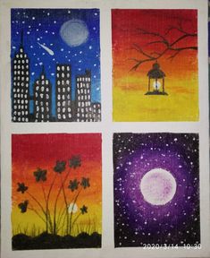 four paintings with different colors and designs on them, each one has a lantern in the sky