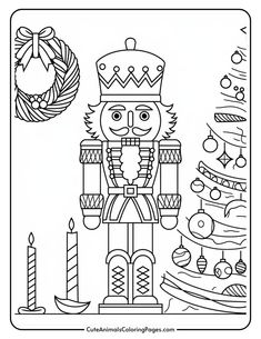 Black and white coloring page featuring a nutcracker soldier, decorative Christmas wreath, two candles, and a Christmas tree adorned with ornaments. Ideal for holiday-themed arts and crafts activities. The Nutcracker Coloring Pages, Nutcracker Kids Craft, Nutcracker Ballet Crafts, Nutcracker Ballet Illustration, Nutcracker Illustration