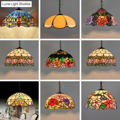 several different types of stained glass hanging lights