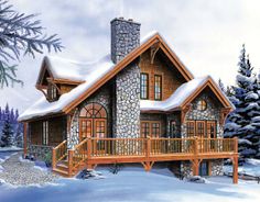 a painting of a log cabin in the snow with a porch and stairs leading up to it