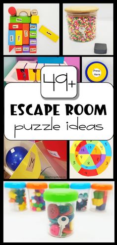 a collage of images with the words escape room puzzle ideas on them and pictures of toys