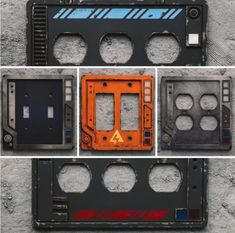 four different types of electronic parts are shown in this collage, each with an orange and blue logo