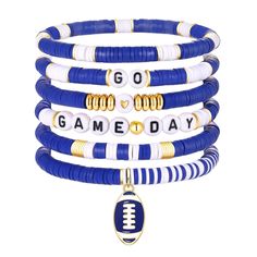 a stack of bracelets with the word game day on it and a football charm