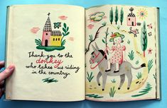 an open children's book with a drawing of a girl on a donkey and the words thank you to the donkey who takes riding in the country