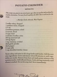 the recipe for potato chowder is shown in an open book with instructions on how to make it