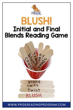 a red bowl filled with wooden spoons next to text that reads, brush initial and final blend reading game