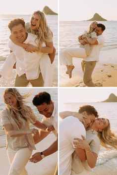 four different pictures of a man and woman hugging on the beach