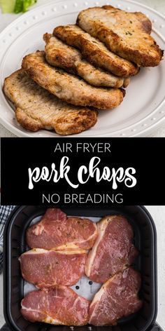 air fryer pork chops with text overlay that says air fryer pork chops no breading